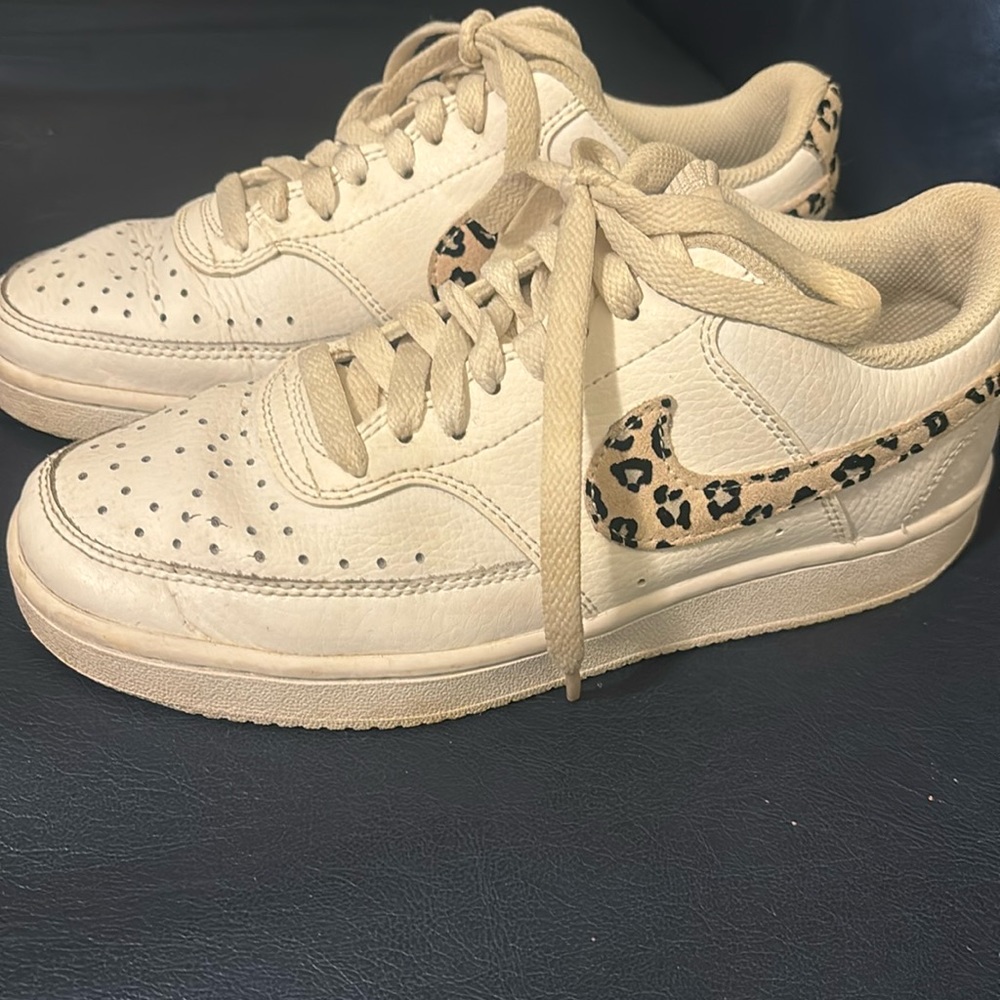 Nike Court Vision Low Sneakers - White Desert Sand (Leopard print swoosh) 6.5